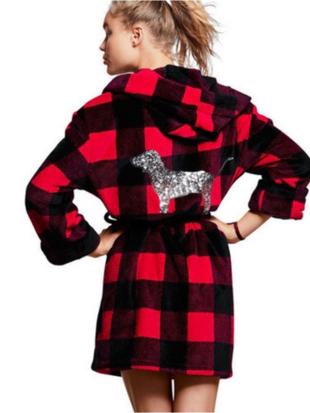 Bling PINk' Red & Black Buffalo Plaid Hooded Pajama Robe with Silver Sequin Dog